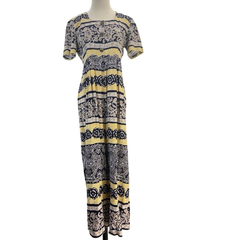 Vintage 90s Melissa Collection Rayon Jumpsuit USA Blue Yellow Boho Women's Small